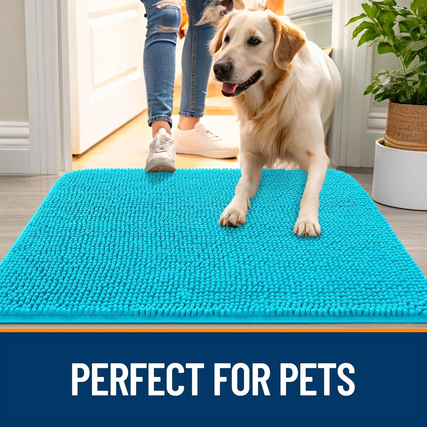 OLANLY Dog Door Mat - Absorbent Non-Slip Chenille Mat for Muddy Paws | 30x17 Inches, Aqua Blue