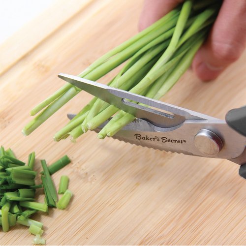 Baker's Secret - All Purpose Kitchen Scissors, 8.5" Stainless Steel with Nut Cracker feature, Bottle Opener, Kitchen Shears, Dishwasher Safe - Black Handle