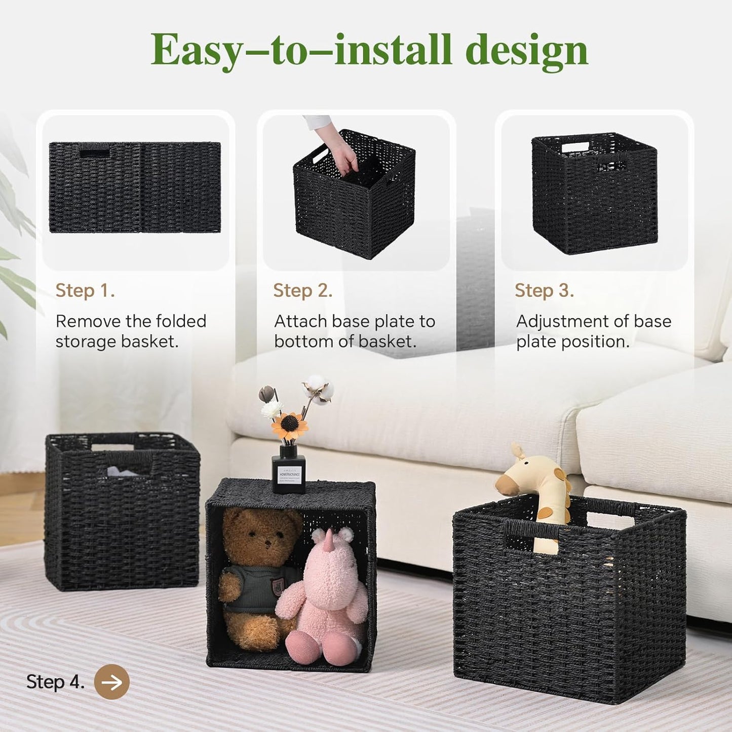 Skiennix Woven Wicker Storage Baskets - 2-Pack Handwoven Paper Rope Organizers | 11x11 Foldable Cube Bins in Classic Black