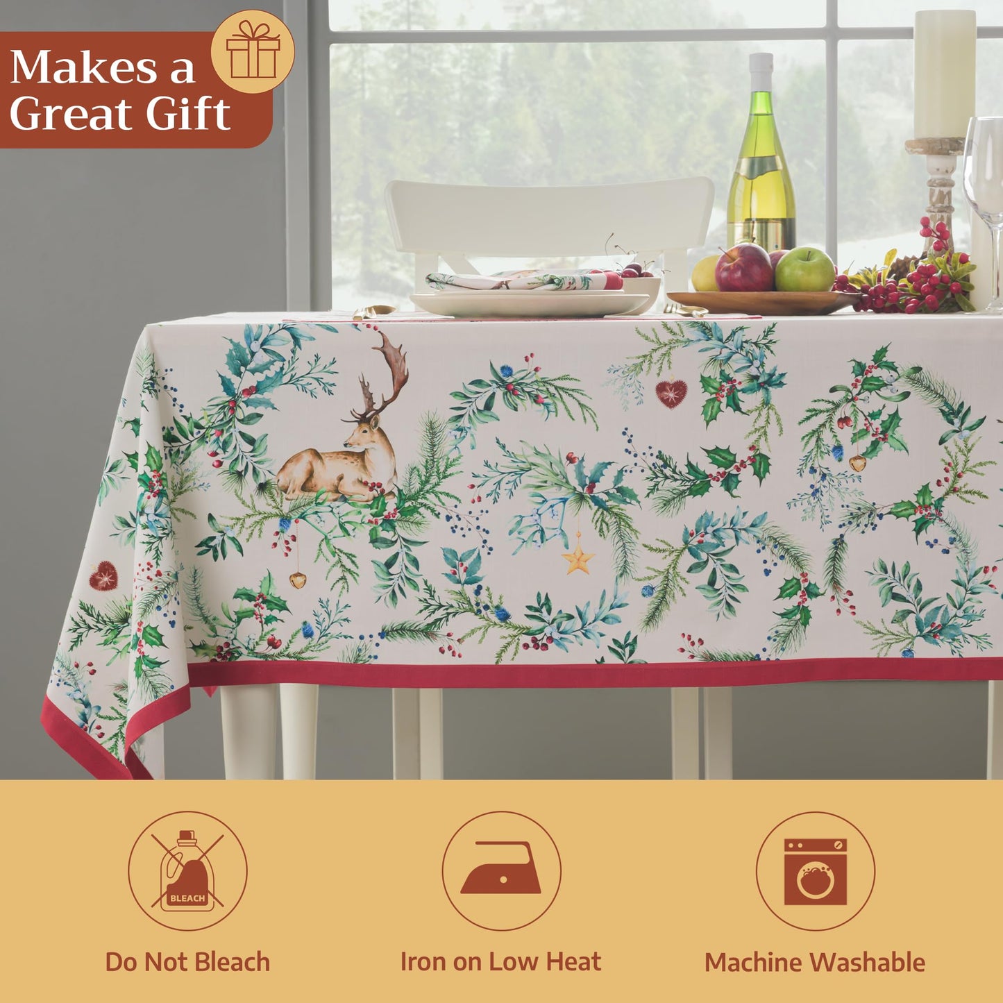 Maison d' Hermine Table Cloth Rectangle Table 100% Cotton 60 x 120 Inches Fall Tablecloth Reusable Everyday Use for Thanksgiving Christmas Decorations Dining Farmhouse Party (Holly Time)