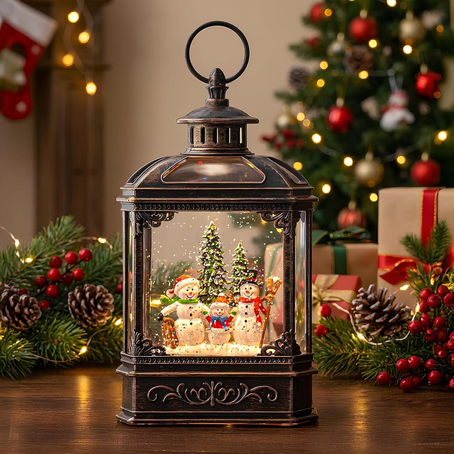 VISFLAIR Christmas Snow Globe | Lighted Snowman Family Lantern with Musical Glitter Swirl - Holiday Decor