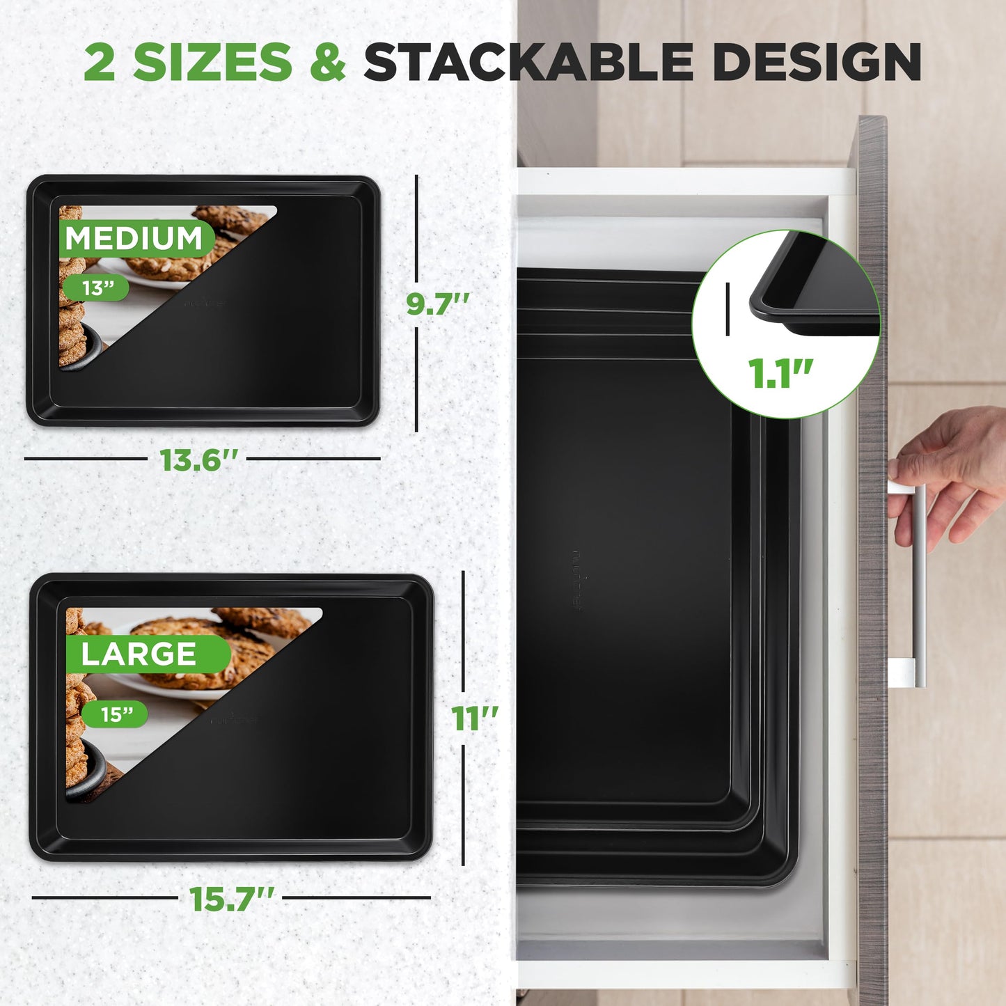 NutriChef 2-Piece Baking Sheet Non Stick - Premium Carbon Steel Cookie Sheets for Baking - Large and Medium Baking Trays for Oven - Black