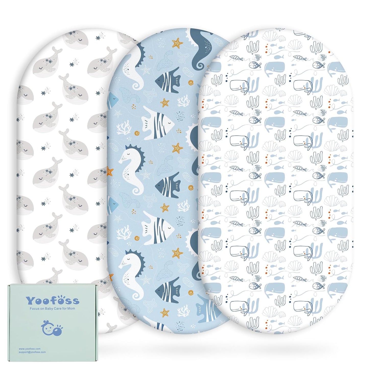 Yoofoss Bassinet Sheets - 3-Pack Fitted Sheets for Halo & Baby Delight | Soft, Breathable, Blue & Seahorse