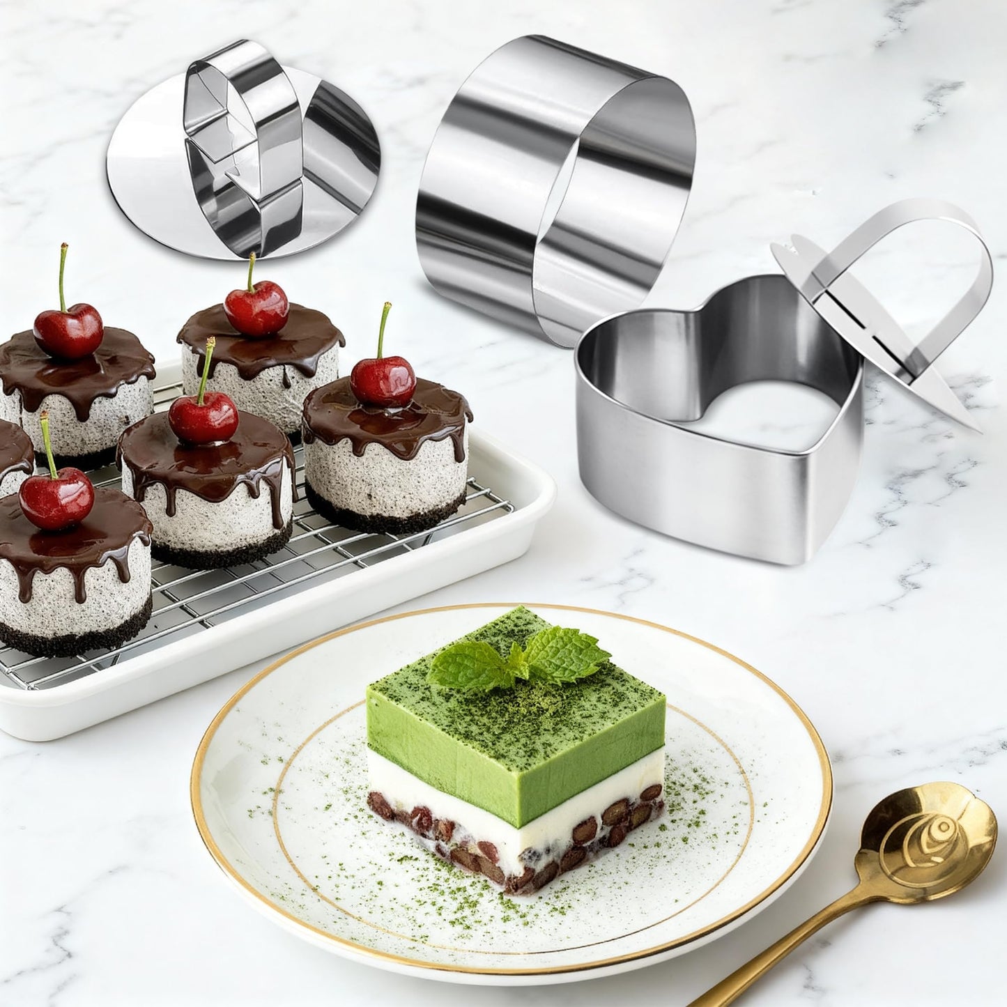 SWETON Cake Rings Cooking Rings Dessert Mousse Mold Stainless Steel with Pusher for Desserts Making (4PCS)