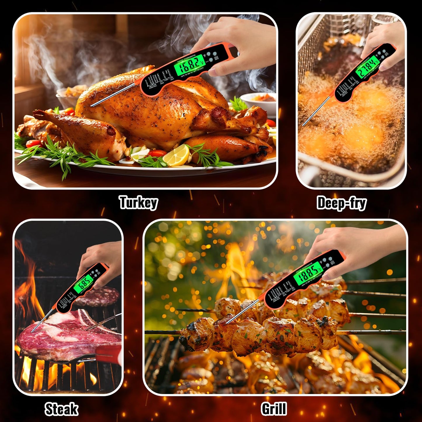 Meat Thermometer Digital, IP67 Waterproof Food Thermometer for Cooking and Baking, Instant Read Meat Thermometer with Backlight, Hold Function & Magnet for Kitchen, Beef, Grill, BBQ, Candy, Turkey