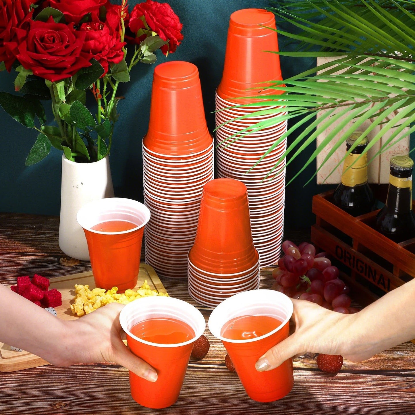 Sabary 100 Pack 12oz Plastic Cups Orange Graduation Heavy Duty Drinking Disposable Cups with Lines for Beverage Wedding Holiday Camping Barbecues Birthday Party Summer Outdoor Picnic