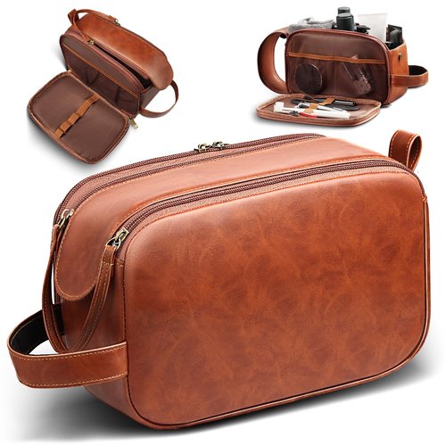 HOTOR Travel Toiletry Bag - Water Resistant Travel Essentials for Women and Men, Compact Leather Toiletries Organizer with Handle, Versatile Cruise Ship Essentials, Brown, Medium