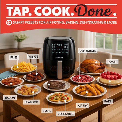 Gourmia Air Fryer - 6 Qt Large Capacity with FryForce 360º | Digital Display & 12 Cooking Presets, Black