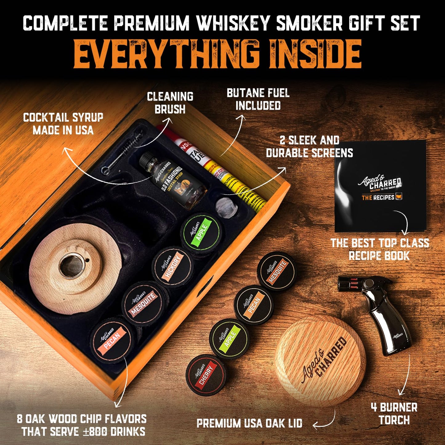 Whiskey Cocktail Smoker Kit with Torch, Old Fashioned Syrup & 8 Flavors Wood Chips - Premium USA Oak Smoker - Old Fashioned Smoker Kit - Bourbon Gifts for Men (with Butane)