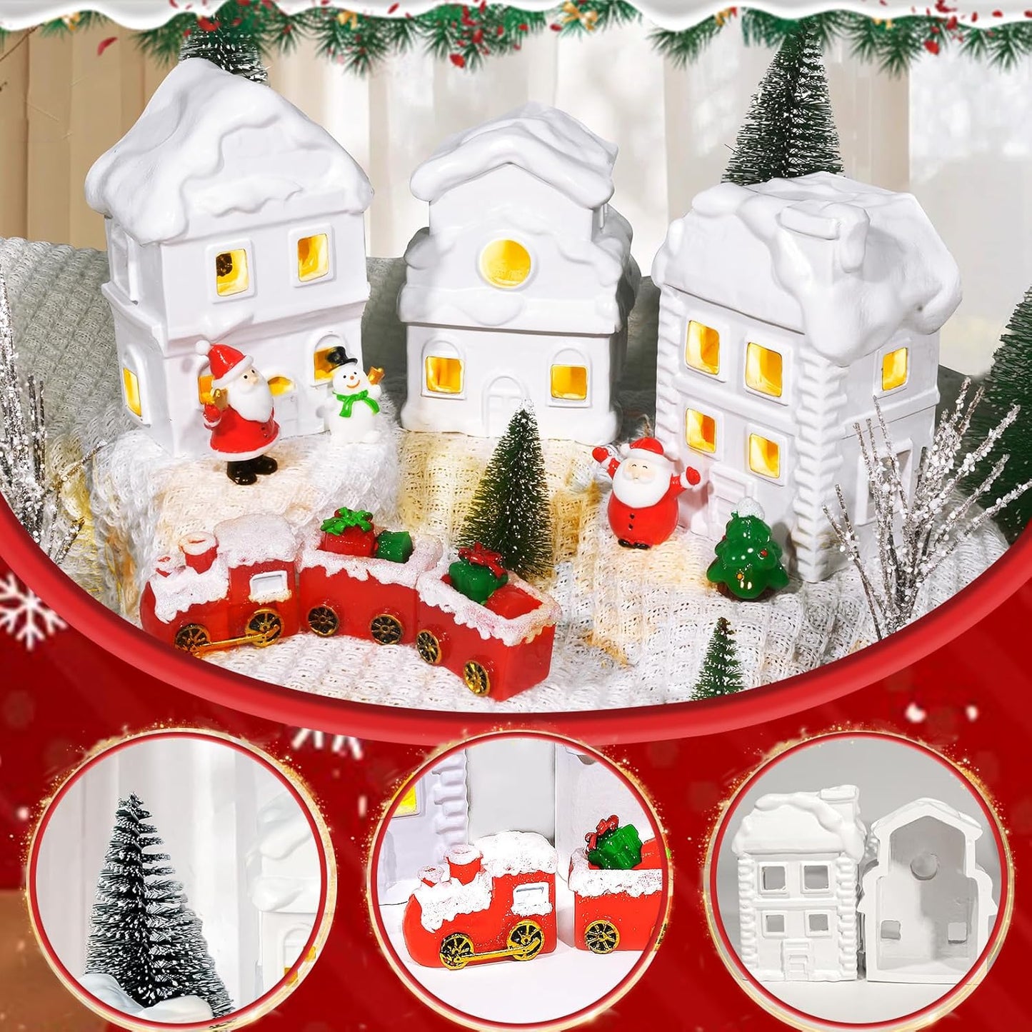 Wowagoga Ceramic Christmas House Village Set - 21 Pcs White Resin Figurines | Light-Up 4.3 Inch Decor