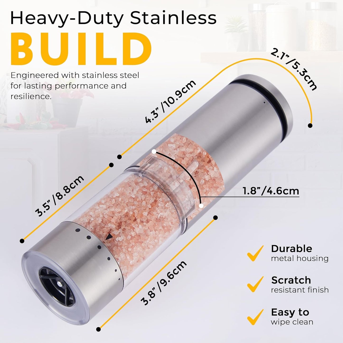 Skiennix Electric Salt and Pepper Grinder Set - Rechargeable, Stainless Steel, LED Light, 95ml Capacity