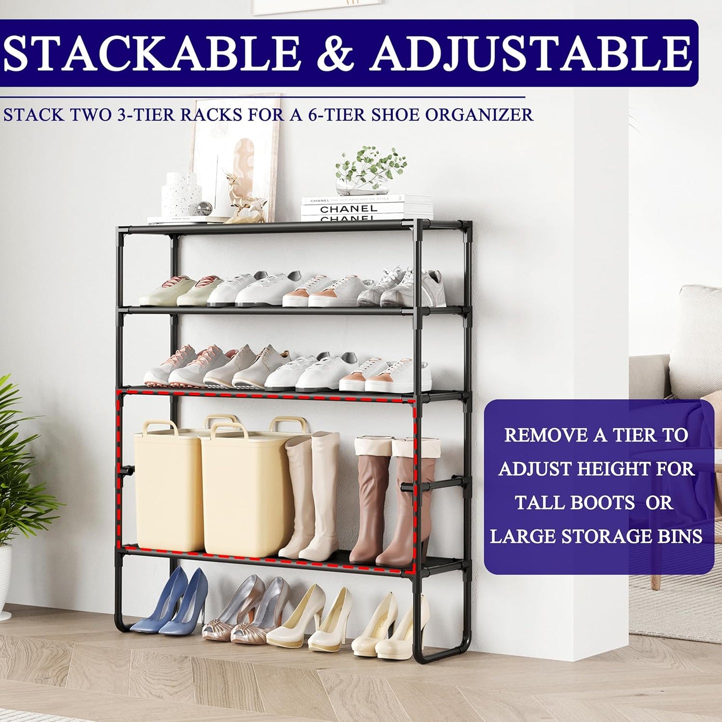 Skiennix 2-Tier Shoe Rack - Stackable Organizer for Closet & Entryway | Holds 12-15 Pairs, Black (35.8" Wide)
