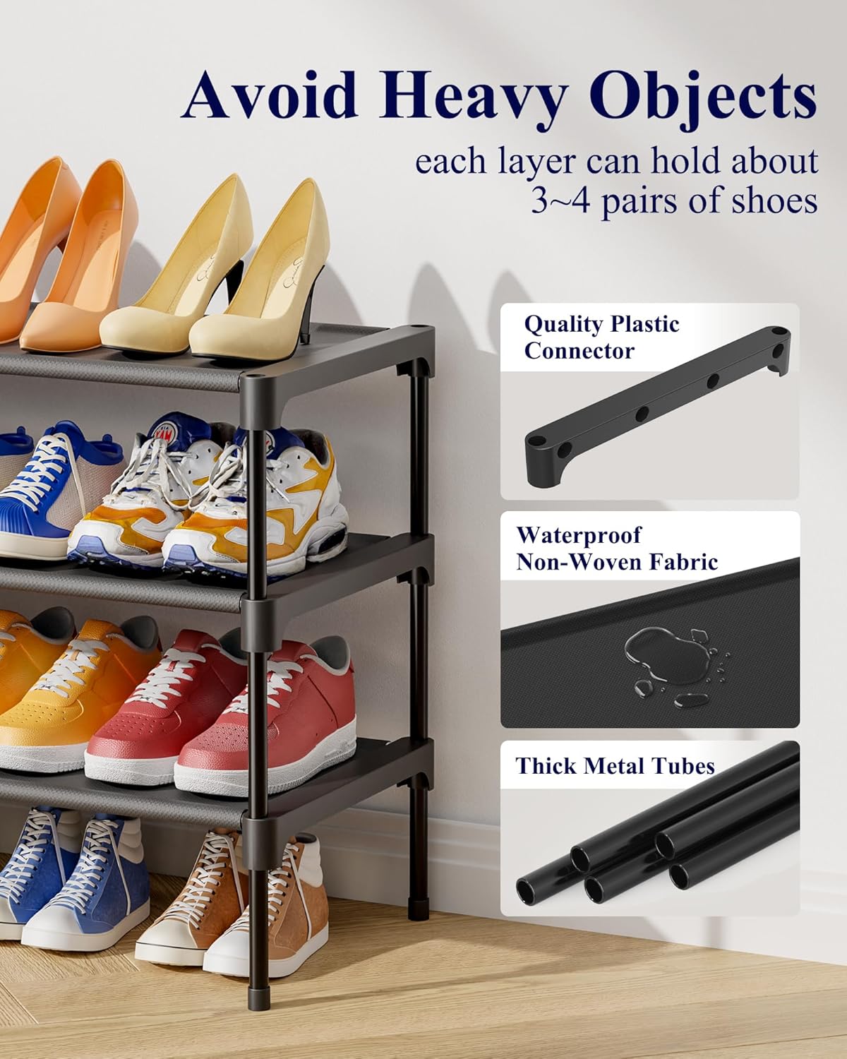 Kitsure Shoe Rack - Stackable Non-Woven Shoe Organizer for Closet & Entryway | 3-Tier, 27.5" Wide, Black