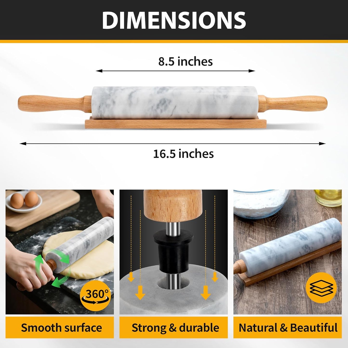 Skiennix Marble Rolling Pin - 16.7 Inches with Wooden Handles & Cradle | Perfect for Pizza Dough, Pasta, Cookies, and More!