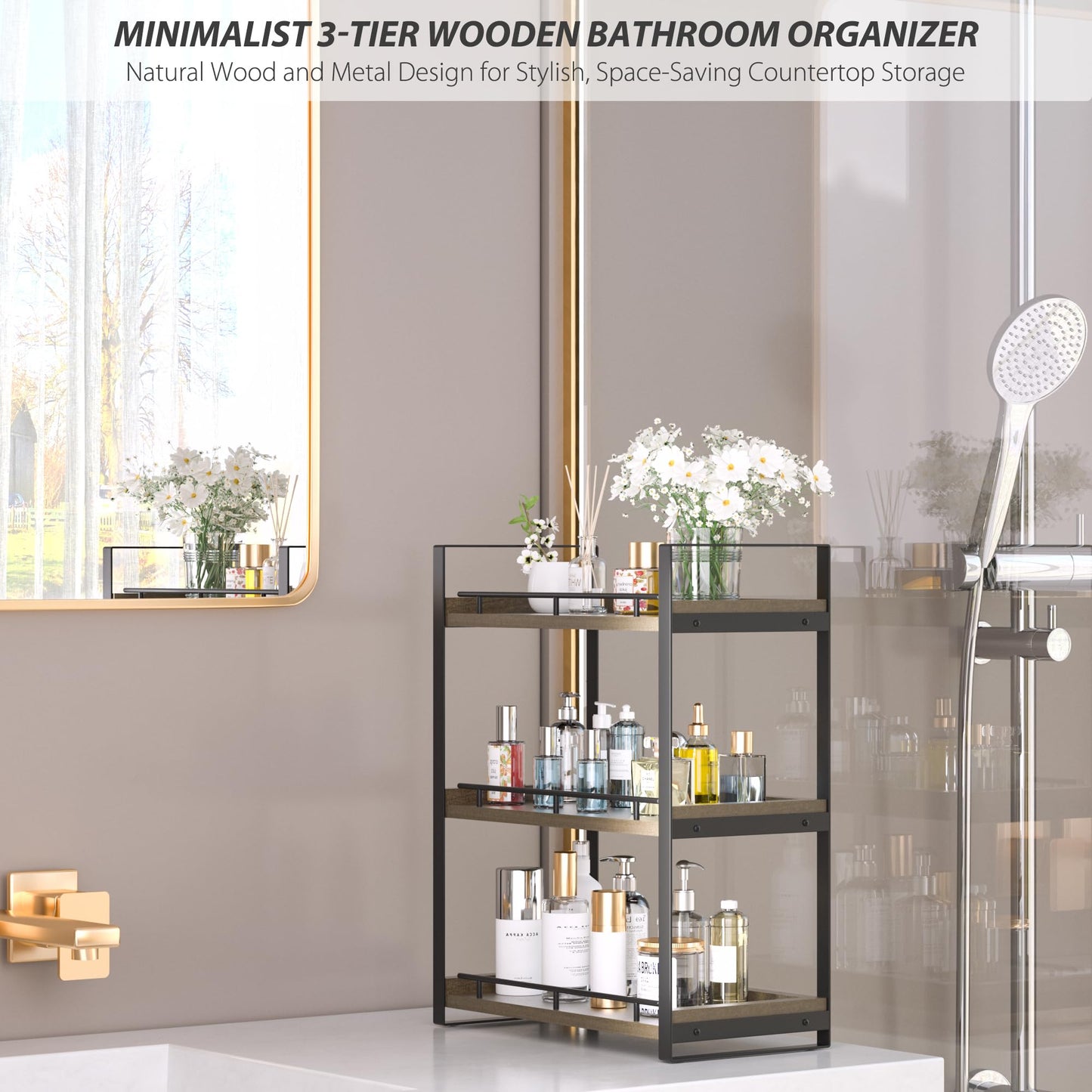 CeleVista Bathroom Counter Organizer, 3 Tier Wood Countertop Shelf for Vanity, Skincare, Makeup, Kitchen Coffee and Sink Storage, with Durable Metal Bracket (Dark Brown)