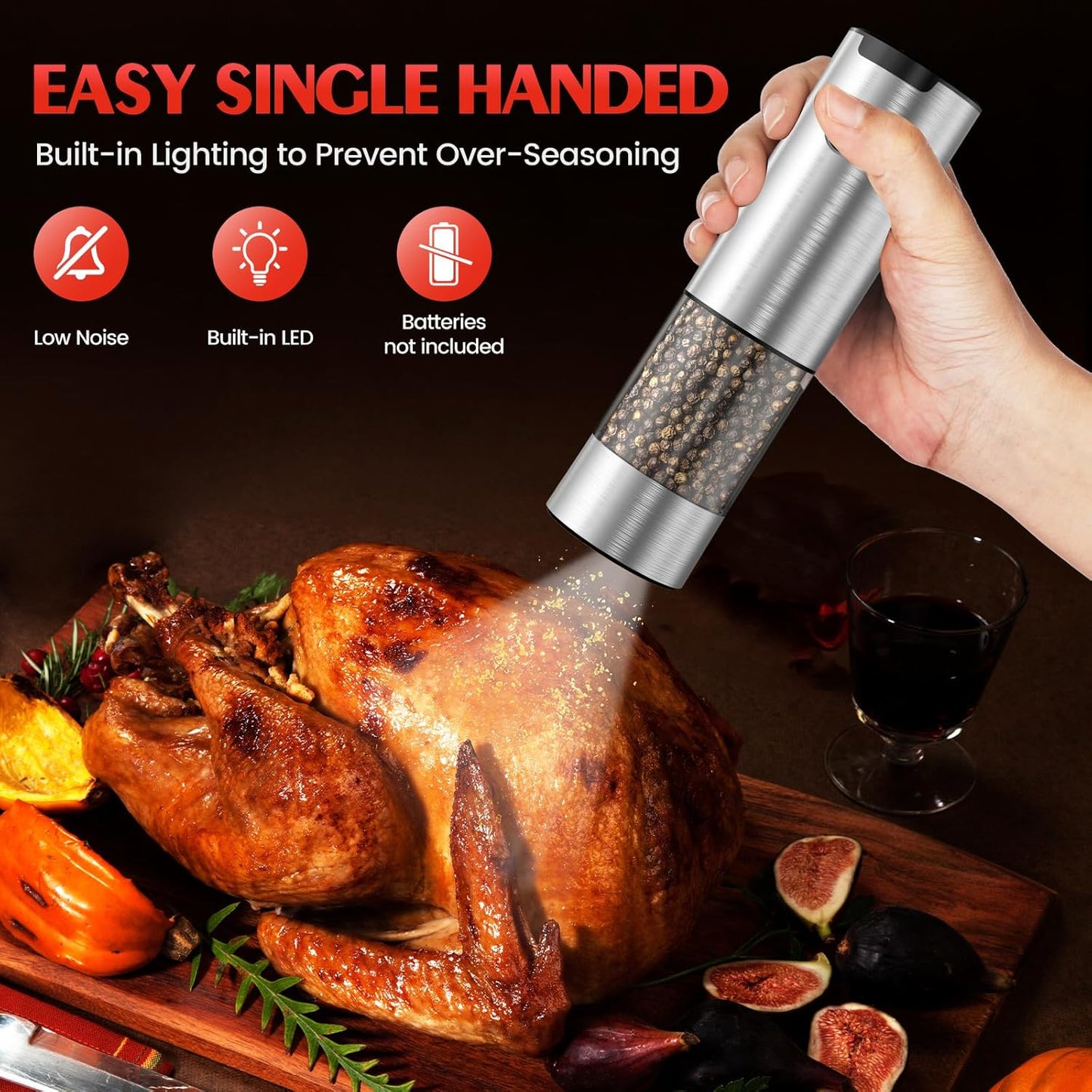 Skiennix Electric Salt and Pepper Grinder - Automatic Battery Mill with Adjustable Coarseness & LED | Kitchen Essential