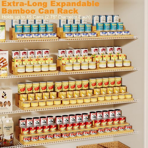 Bamboo Can Rack | Extra-Long Expandable 3-Tier Organizer - Adjustable Pantry Storage for 45 Cans