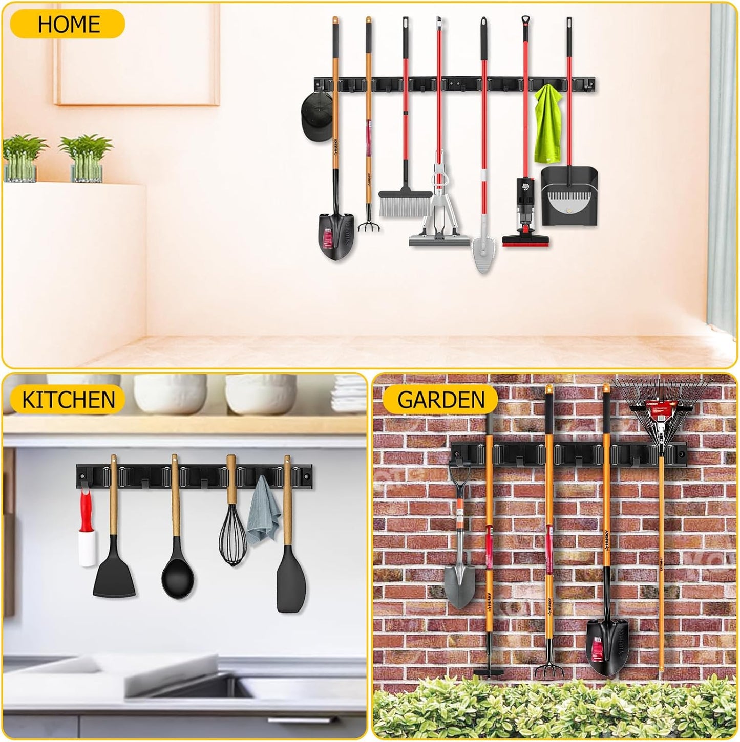 SLIIMU 30'' Movable Broom and Mop Holder - Wall Mount Organizer with 7 Racks & 8 Hooks for Home