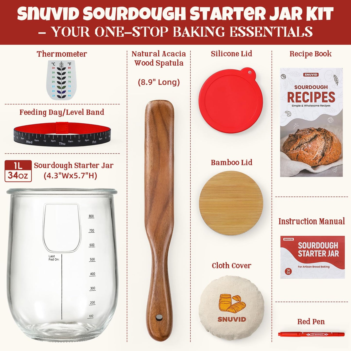 Snuvid 1 L (34 oz) Sourdough Starter Jar Kit, Wide Mouth Potbelly Crock - Glass Sour Dough Starter Bread Jar Set - Sourdough Baking Supplies - Sour Dough Bread Accessories Gifts for Sourdough Lovers