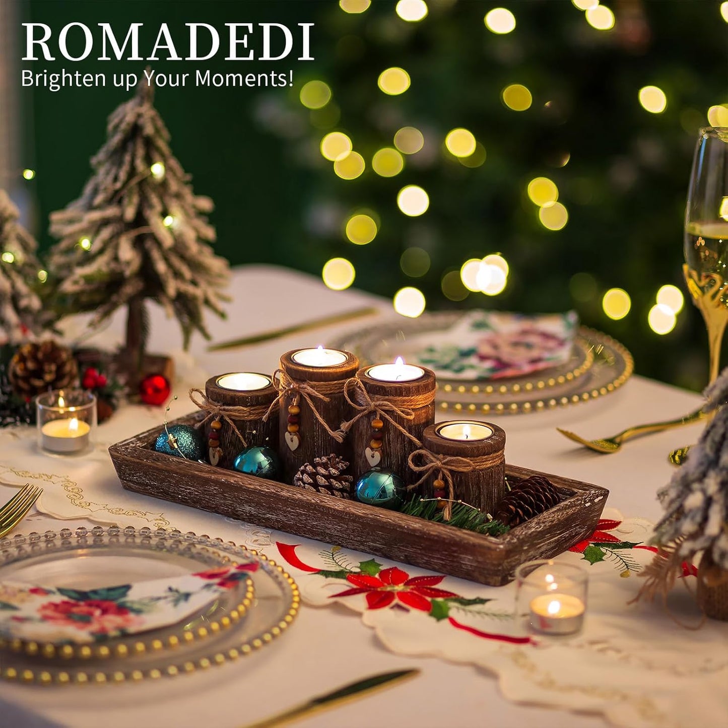Romadedi Boho Wooden Tray Candle Holder Set - 4 Tealight Holders for Farmhouse Coffee Table Decor