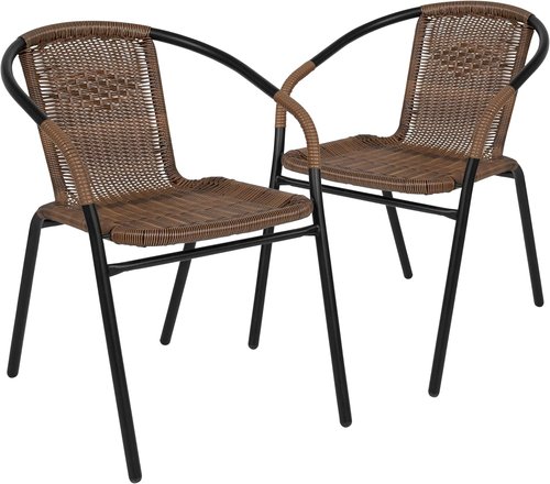 EMMA + OLIVER Modern Rattan Stack Chairs - Set of 2 Indoor/Outdoor with Curved Back, Brown
