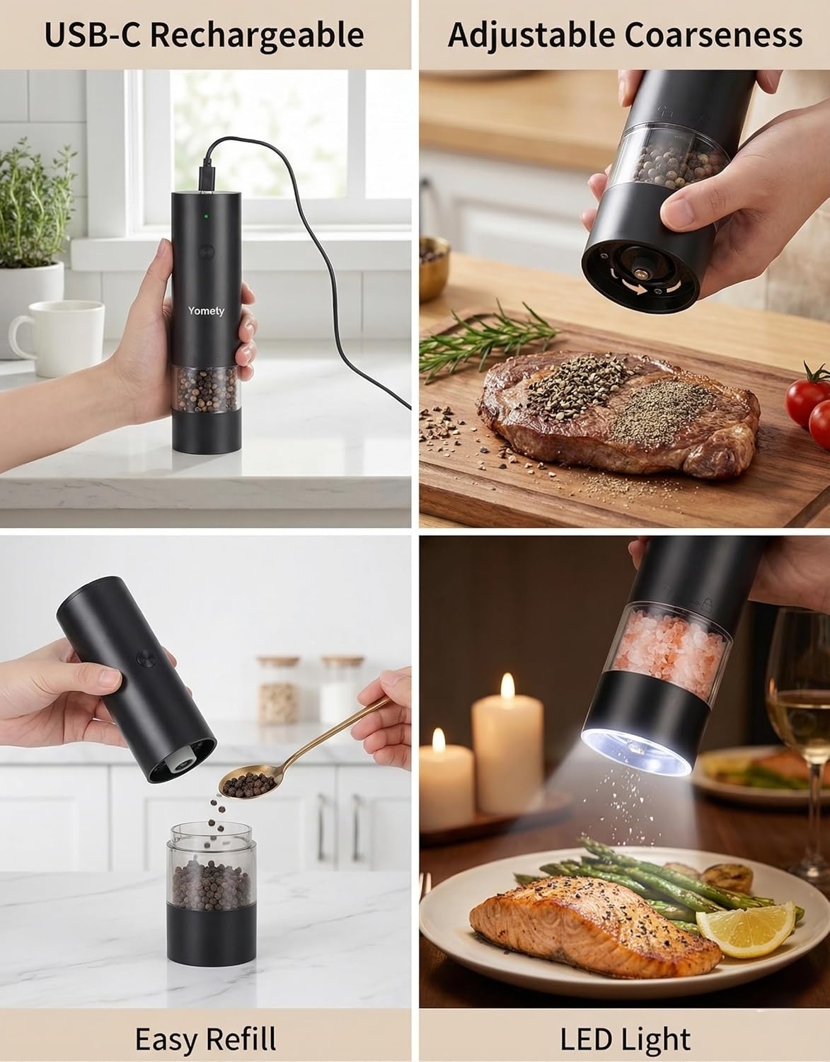 Skiennix Electric Salt and Pepper Grinder Set - Rechargeable Automatic Ceramic Mill with Adjustable Coarseness | Kitchen Essential
