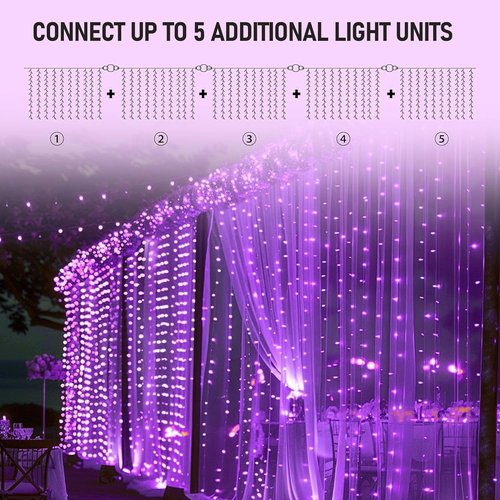 Dazzle Bright 300 LED Christmas Curtain String Lights - Waterproof Fairy Lights for Bedroom | 8 Lighting Modes, Purple
