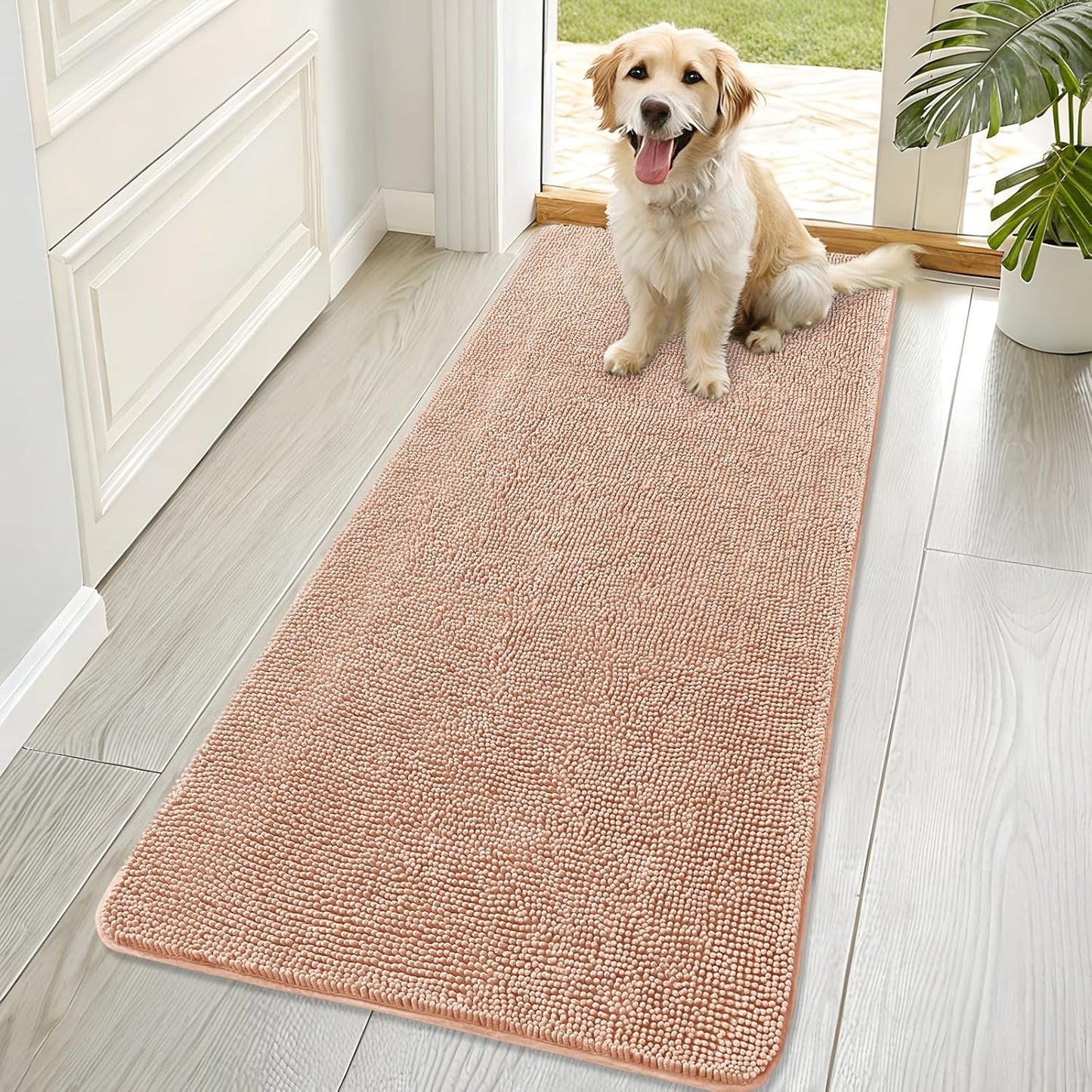 OLANLY Dog Door Mat - Absorbent Non-Slip Mud Mat for Indoor Use | Quick Dry Chenille, 70x32, Peach