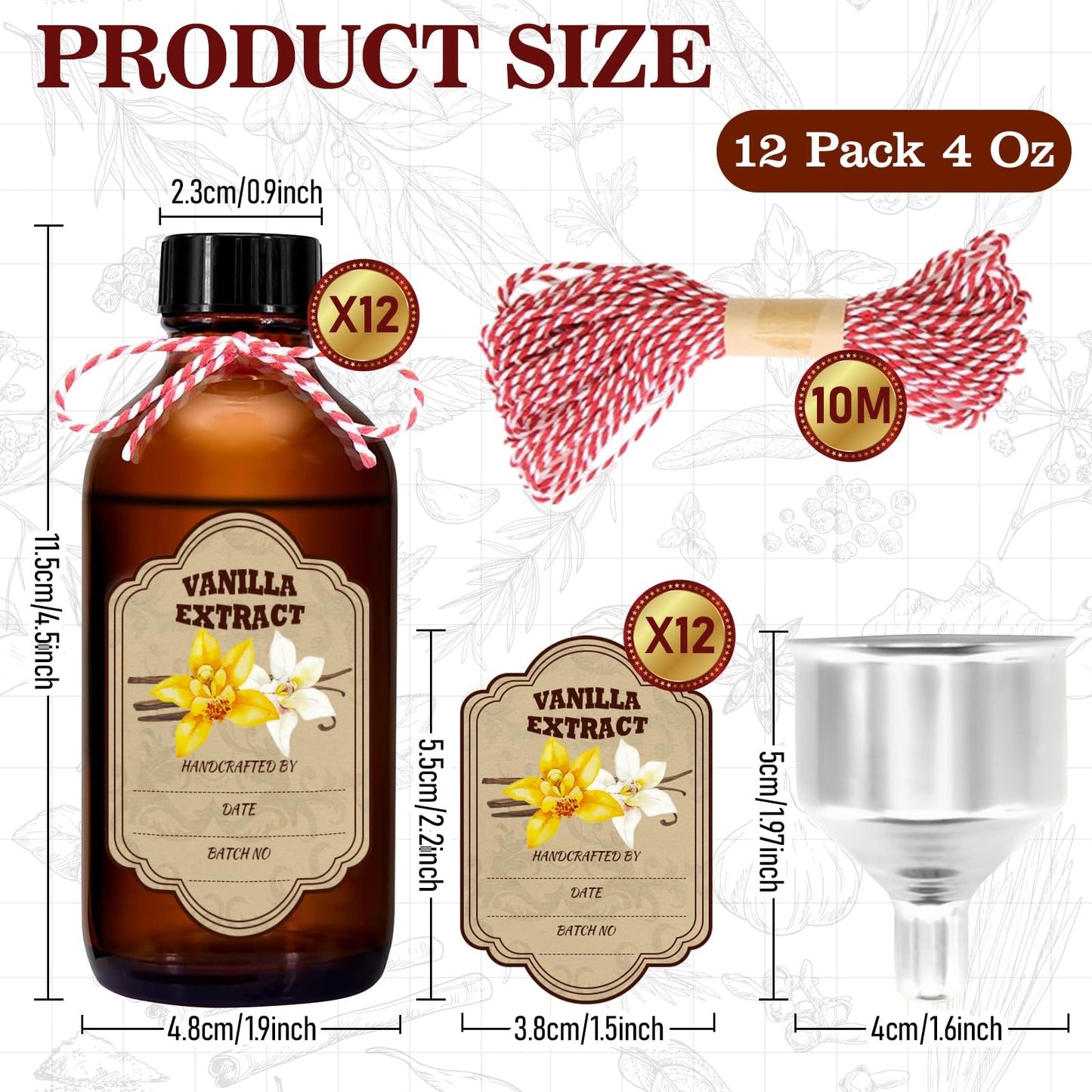 NVioAsport 12 Pack Amber Glass Vanilla Extract Bottles 4 oz with Lids, 12 PCS Vanilla Extract Labels and Funnel, Glass Boston Vanilla Bottles for Syrup Gift, Jars Glass Bottles for Vanilla Extract
