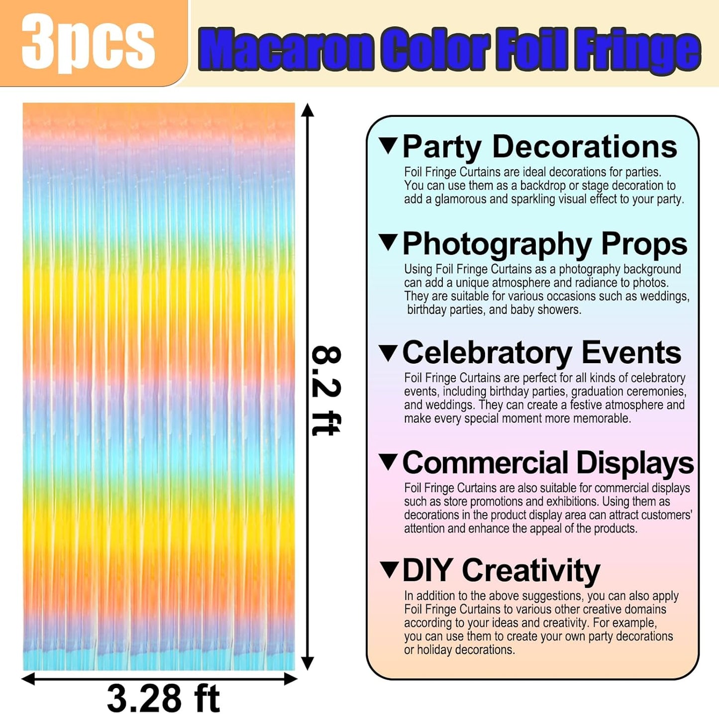 Rainbow Foil Fringe Curtain Backdrop by [Brand Name] - 3 Pack Metallic Tinsel Streamers | 3.28Ft x 8.2Ft for Parties & Events