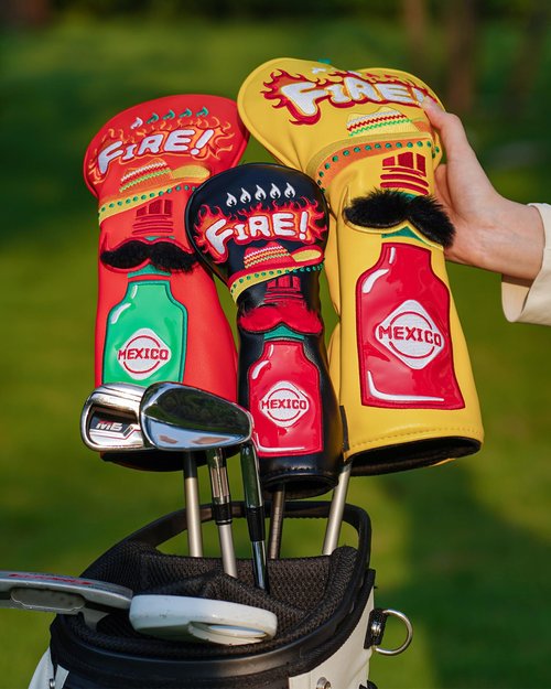 Golf Headcovers Golf Club Head Covers Chili Peppe - Mexico Style Premium Leather Driver Fairway(FW) Wood Hybrid(UT) with Number Tags Taco Fire Chili Sauce Pattern (Hybrid Head Cover)