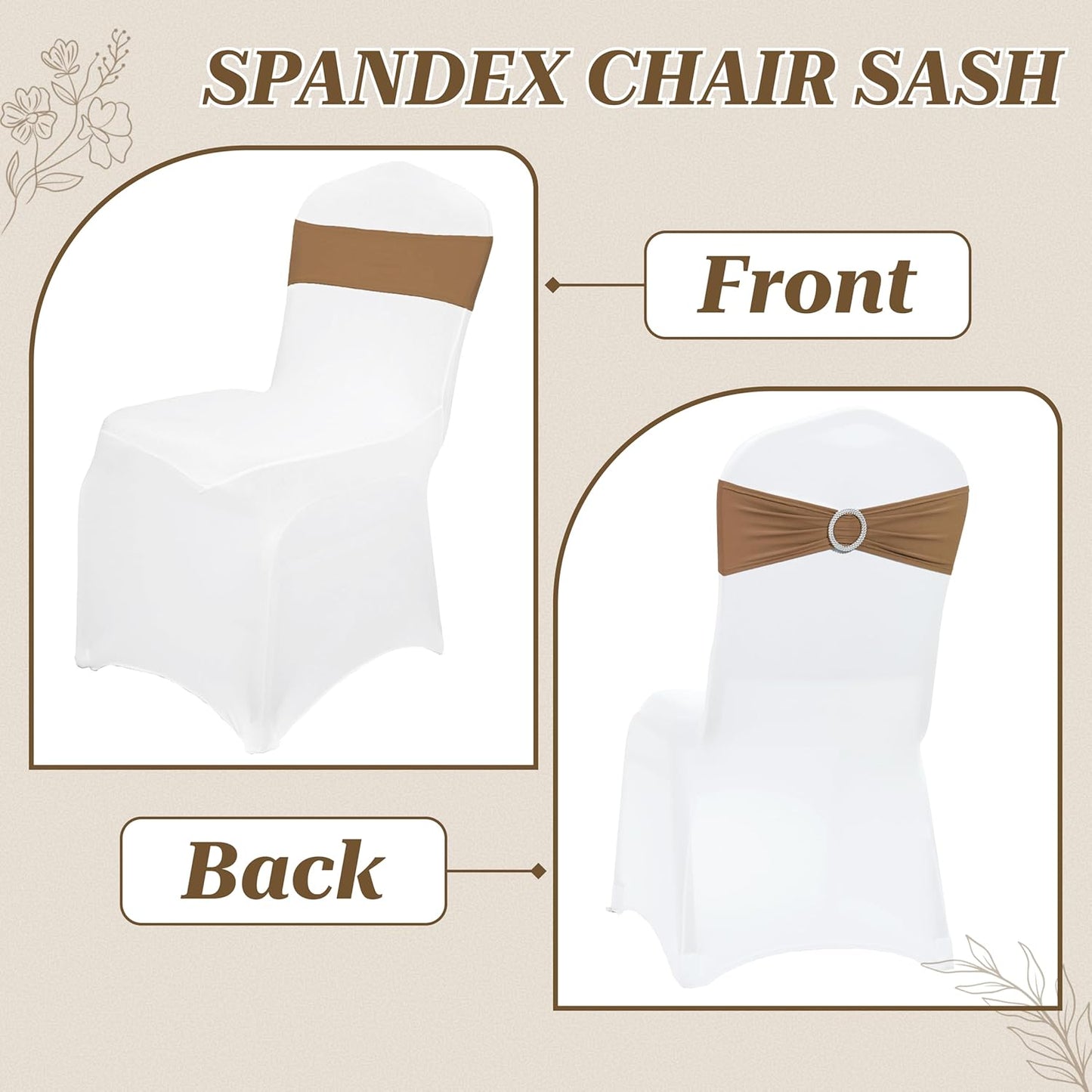 MDS Premium Spandex Chair Sashes - Stretchy Bow Covers with Buckle Slider | Universal Fit for Weddings & Events - Mocha (Pack of 100)