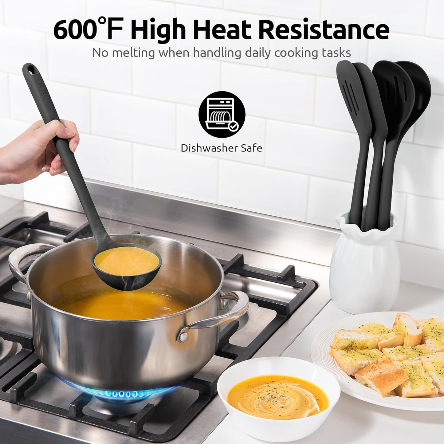 U-Taste Silicone Kitchen Utensil Set - High Heat Resistant, BPA Free, Non-Stick Cooking Tools (5 Pieces, Black)