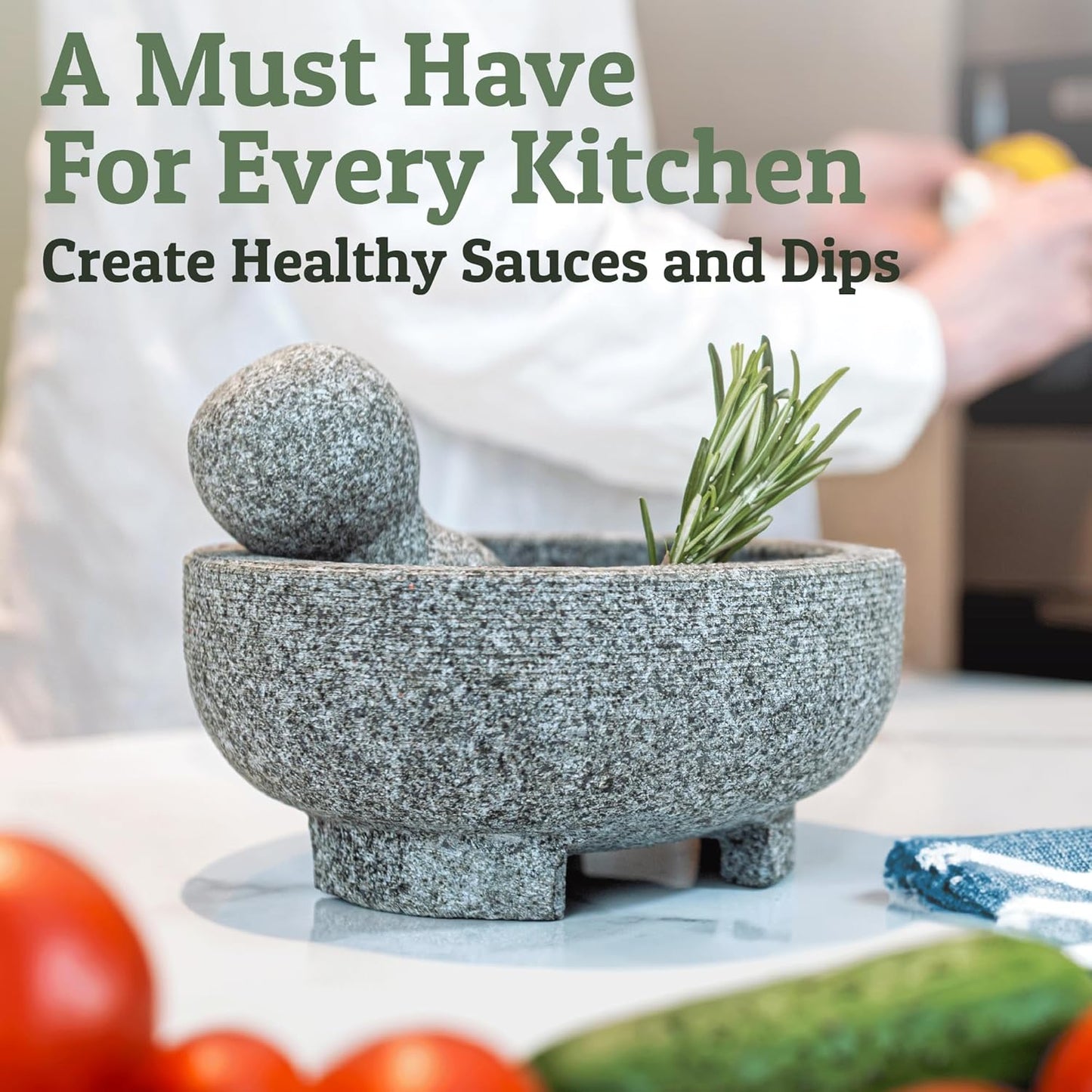 PriorityChef Granite Mortar and Pestle Set - 8-Inch Natural Stone Bowl for Spices & Guacamole | Grey