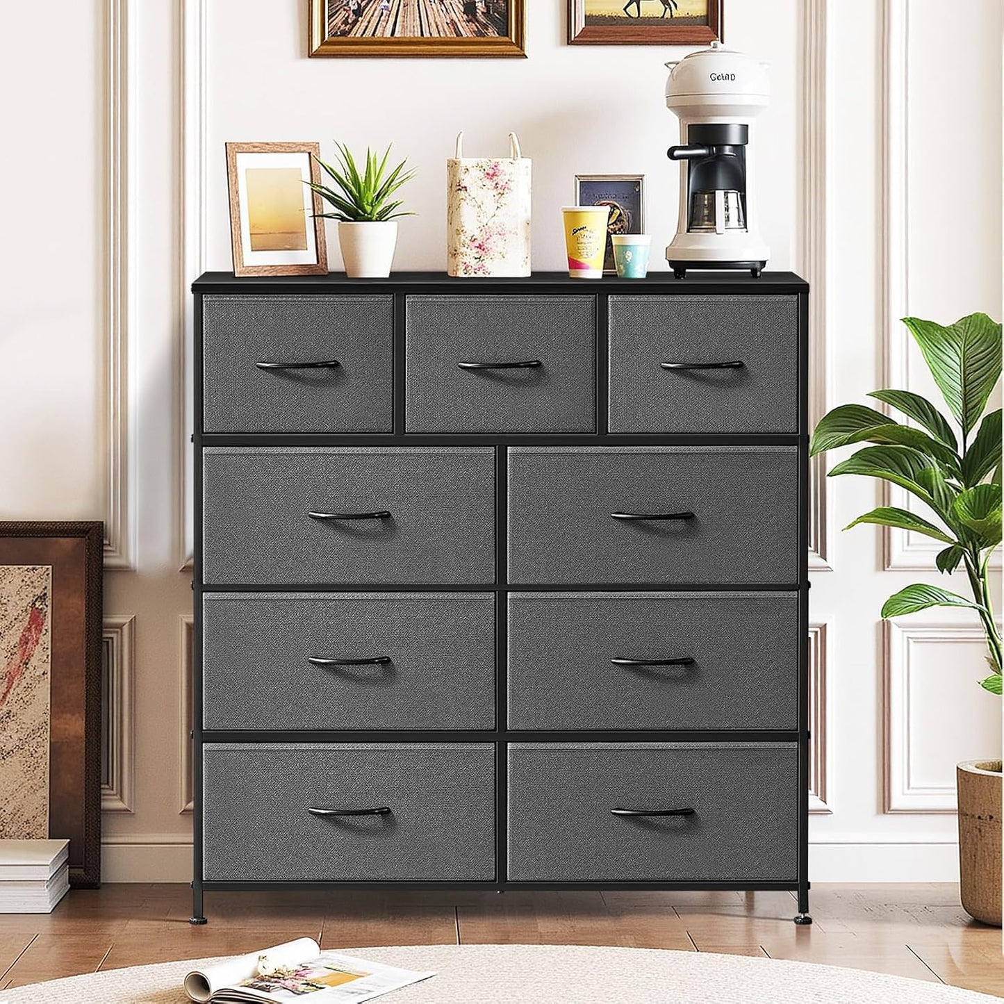Regine Switzerland 9-Drawer Dresser - Anti-Tip Tall Storage Organizer with Wooden Top & Metal Frame | Gray