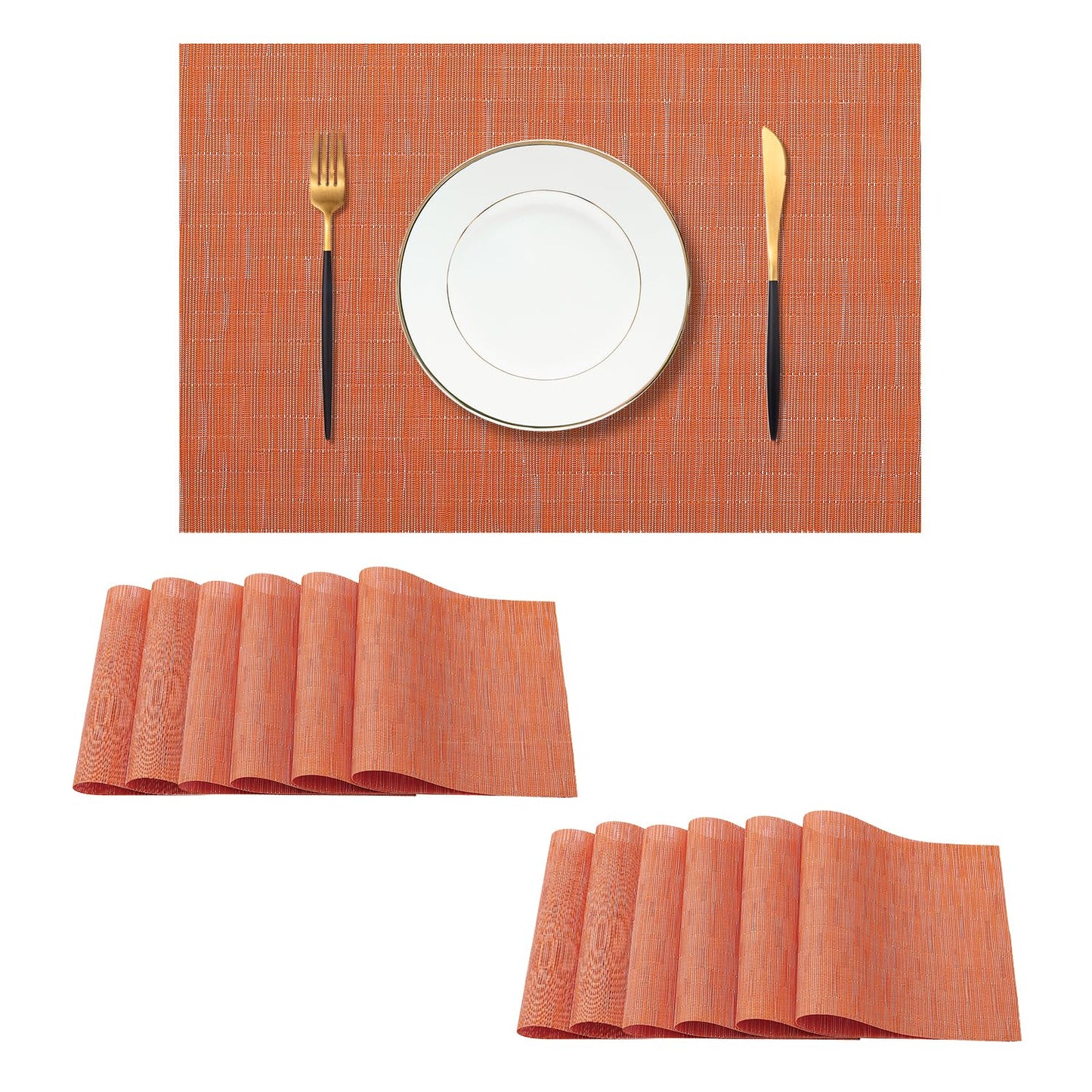 Leetaltree Orange Placemats Set of 12 - Heat Resistant Non-Slip Place mats for Dining Table, Washable Durable PVC Vinyl Woven Table Mats（Orange, 12）