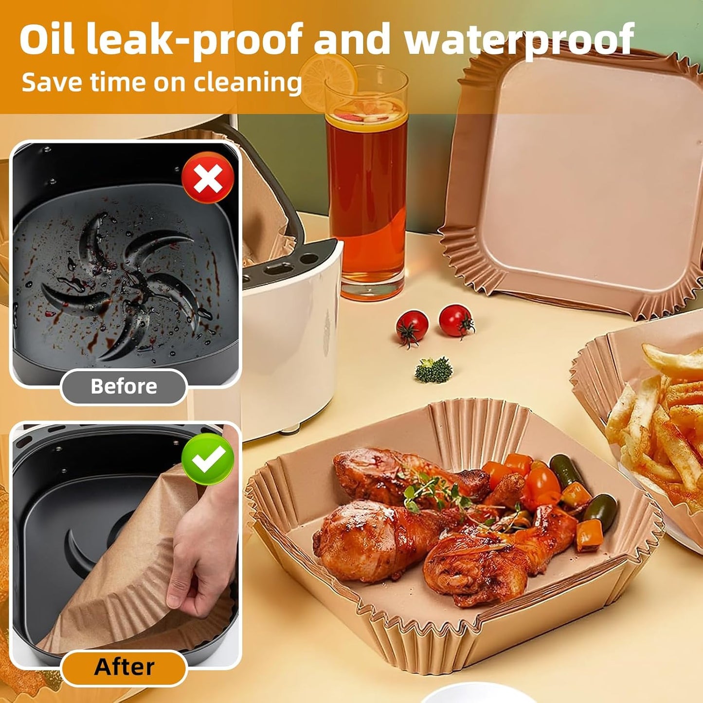 Ninja Air Fryer Paper Liners - Thickened Disposable Square Liners for 4-6 Qt Air Fryers | 8.3" Top Size