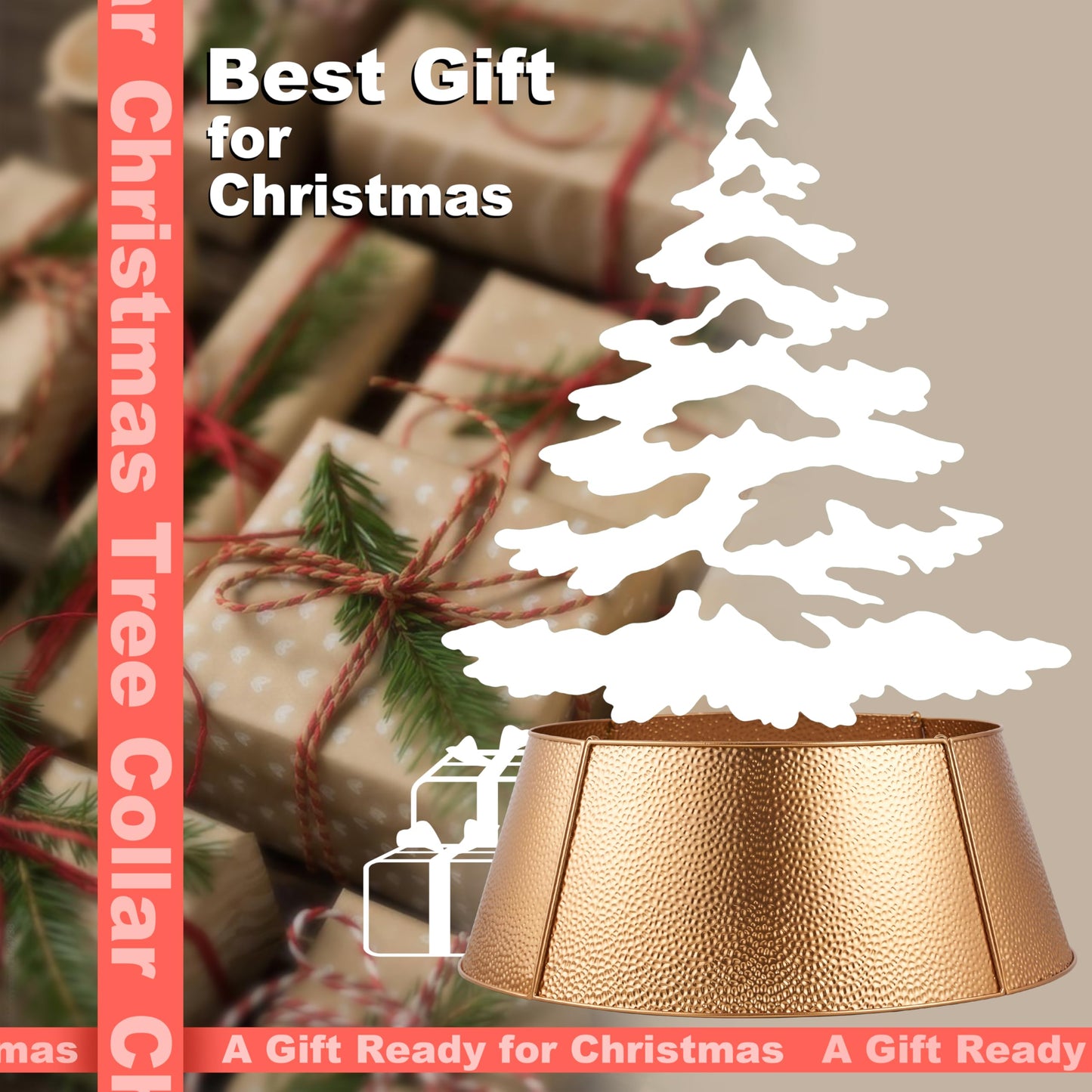 Christmas Tree Collar and Skirt Set - 23" Festive Holiday Decor with Gold Metal Tree Collar Base Stand - Ideal for Real or Artificial Trees - Christmas Skirt Tree Basket Decorations Gift Gold1