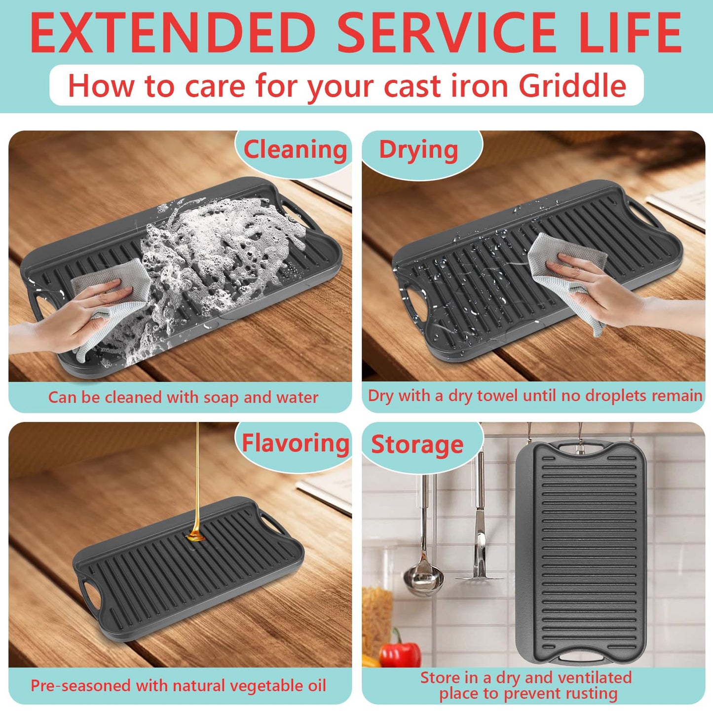 WEBROIL 2 in 1 Reversible Cast Iron Griddle for Gas Grill, Flat Top Grill Pan for Gas Stove, Pre-Seasoned Oven Top pan,Upgrade Double Burner Griddle for Indoor & Outdoor Cooking Accessories, 17" X 10"