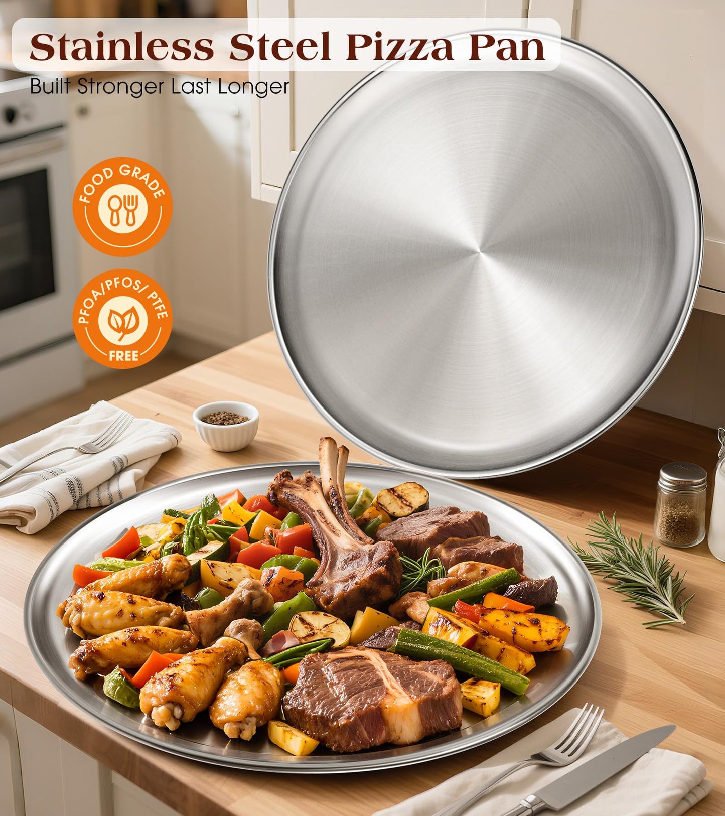 Yuiicaov Stainless Steel Pizza Pan 16 inch, Pizza Pan for Oven, Steel Pizza Tray, Thick Round Pizza Plate Pizza Baking Sheet, Easy Clean & Dishwasher Safe, Set of 1