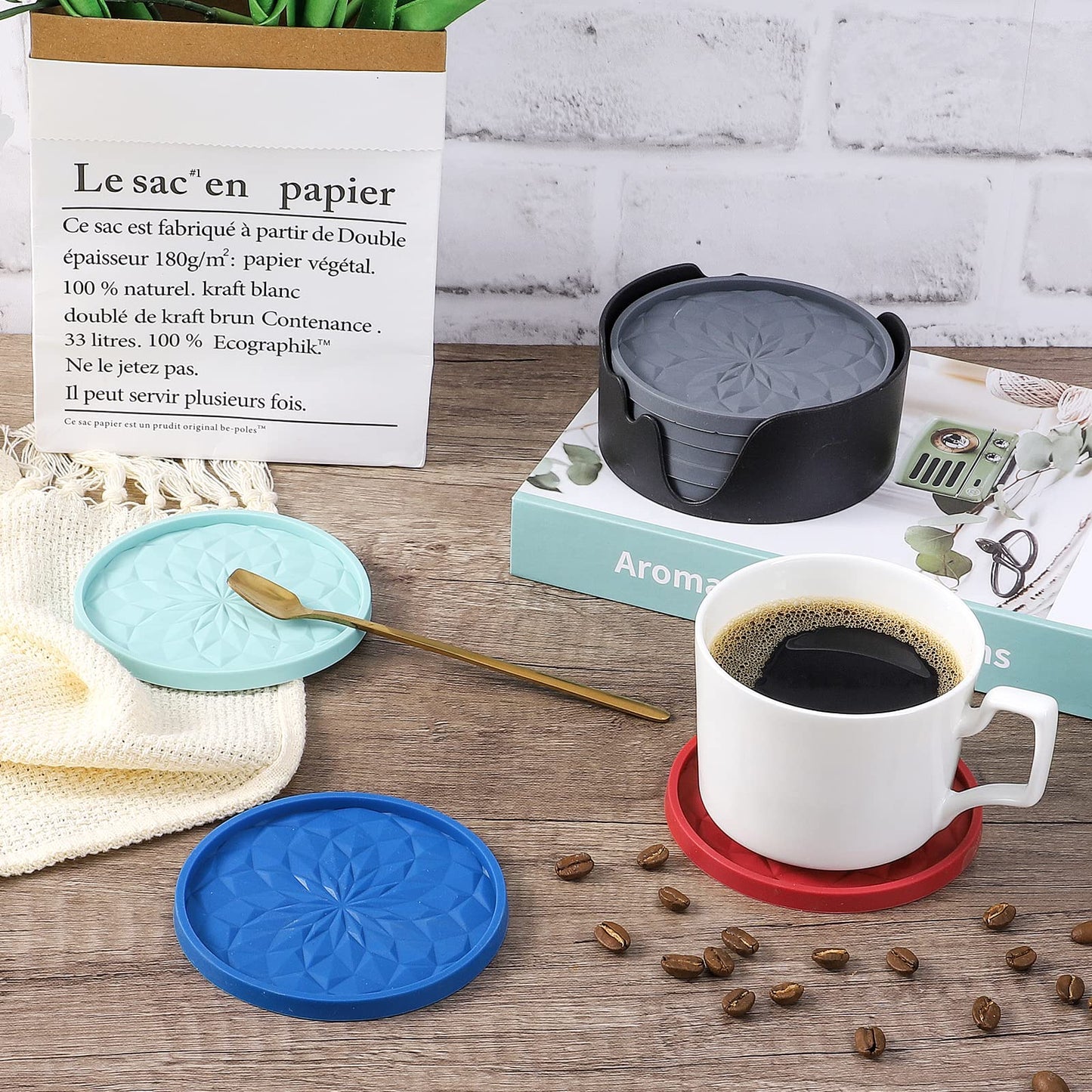 ME.FAN Silicone Coasters with Holder,[6 Pack] Drinking Coasters - Cup Mat for Hot or Cold Drinks, Thickened, Non-Slip, Non-stick,Deep Tray Dark Grey