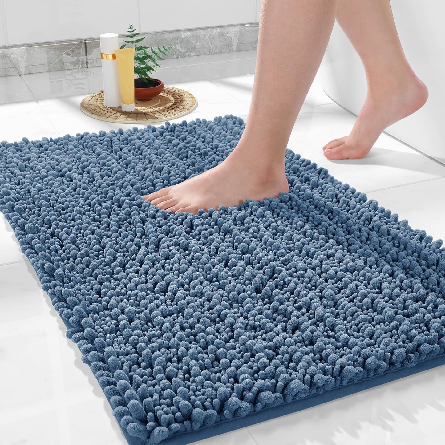 Yimobra Bathroom Rugs - Ultra Soft Non-Slip Chenille Bath Mat | Quick Dry Shaggy Carpet, Denim Blue, 24x17 Inch