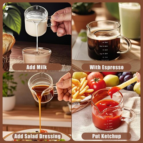 FUNGLIJIE Espresso Cups Set of 2, 75ML Espresso Shot Glass with Handle Double Spout Cups Clear Glass Measuring Cup Coffee Accessories Great for Making Coffee Desserts Salad Dressing