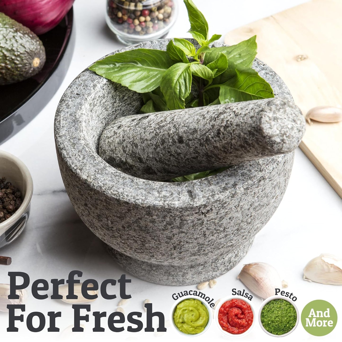 PriorityChef Large Mortar and Pestle Set - Heavy Duty Natural Granite for Fresh Guacamole | 2 Cup Unpolished Grey
