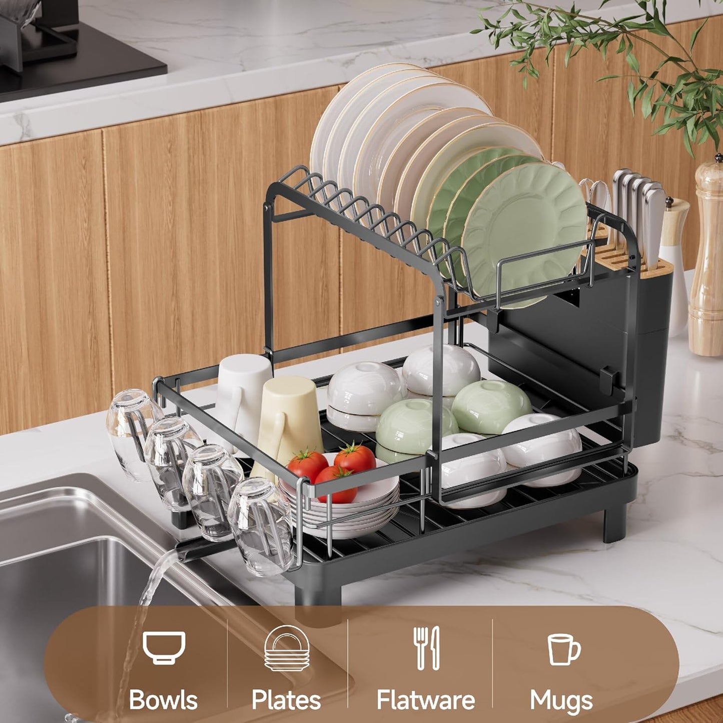 Runnatal 2-Tier Dish Drying Rack - Large Capacity Anti-Rust Dish Drainer Set | Black Over The Sink Design