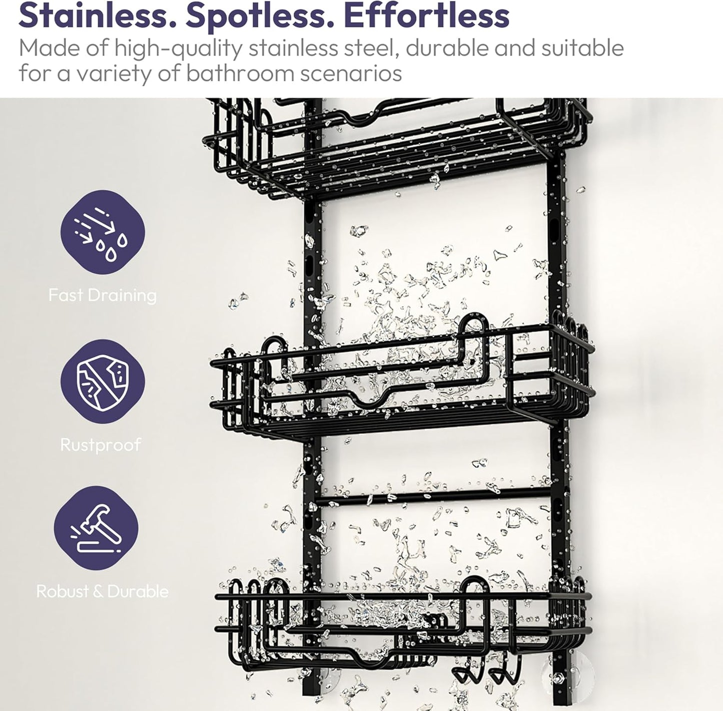 SWTYMIKI Shower Caddy - 3-Tier Rustproof Hanging Organizer with Adjustable Baskets & Hooks | Black Bathroom Storage Rack