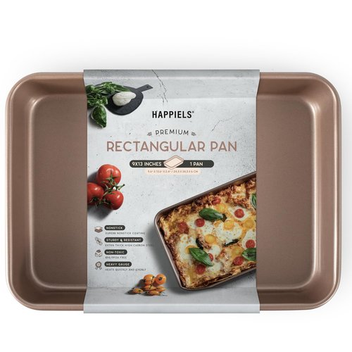 HAPPIELS Nonstick Non Toxic 9x13 in Baking Pan for oven | Cake Mold 9 x 13 Non Stick Nontoxic | Carbon Steel Gold Brownies Pans 13x9 inches | Rectangle Brownie Tray 9 by 13 inch | Baking Ware