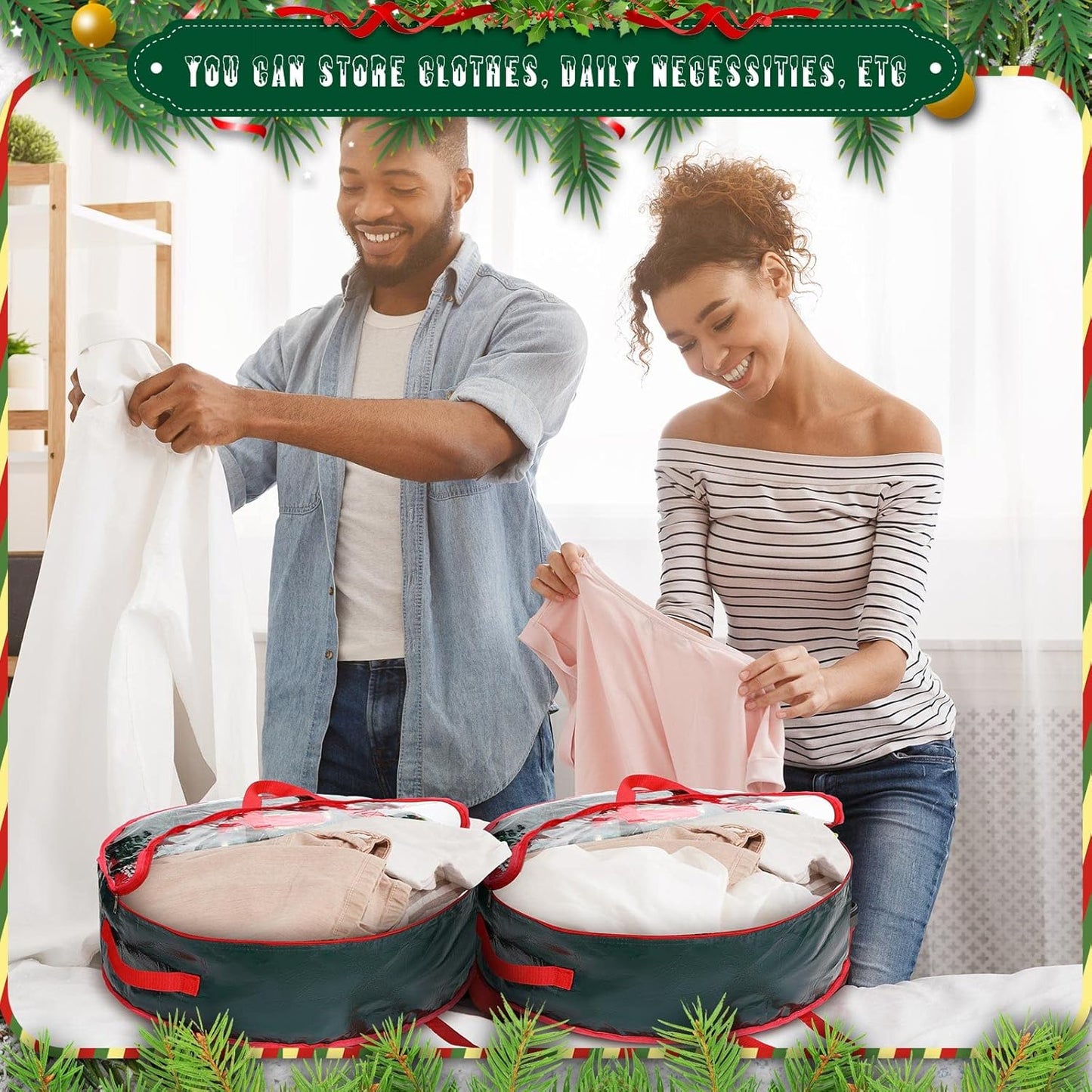 Shappy Christmas Wreath Storage Bag - 4 Pcs with Clear Window & Handles | Green, 30 x 7 Inch