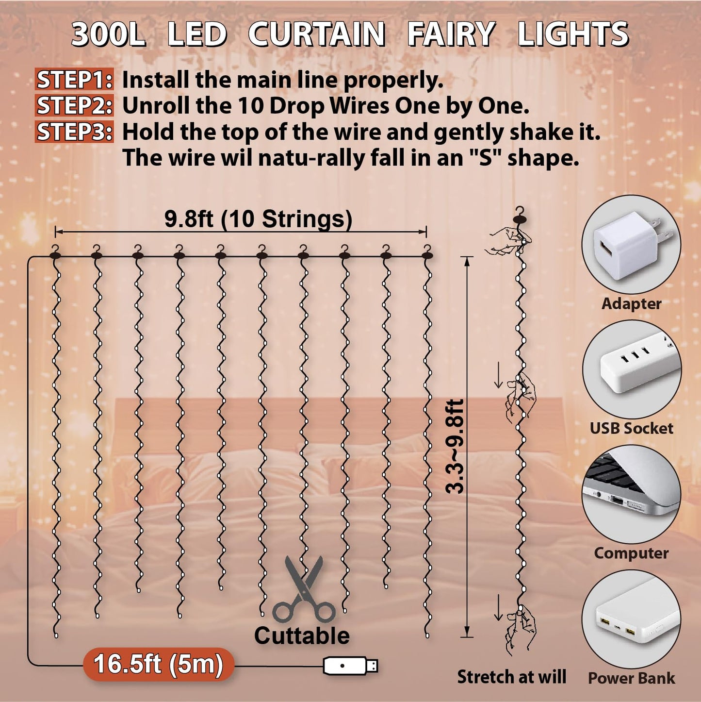 HXWEIYE 300LED Fairy Curtain Lights, 9.8x9.8Ft USB Plug-in 8 Modes Christmas String Hanging Lights with Remote for Bedroom Backdrop Wedding Indoor Wall Decor, Orange, Standard – 1 Pack
