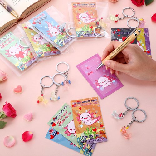 HyDren 28 Sets Valentine Axolotl Gifts for Kids Axolotl Keychains with Cards Gift for Valentine School Classroom Exchange Party Favors(Clear,Light Color)